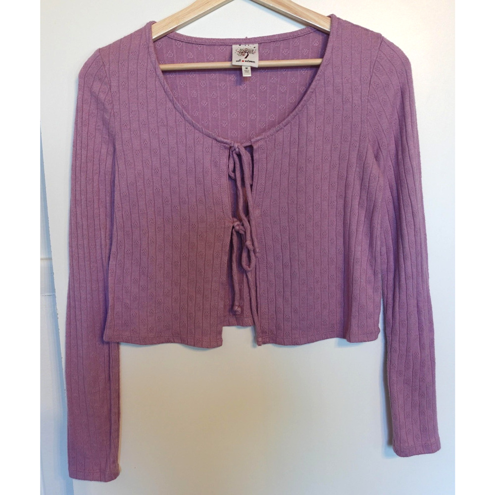 Y2K Cardigan Sweater Medium Purple Pastel Tie Front Crop Cottage Fairy Coquette